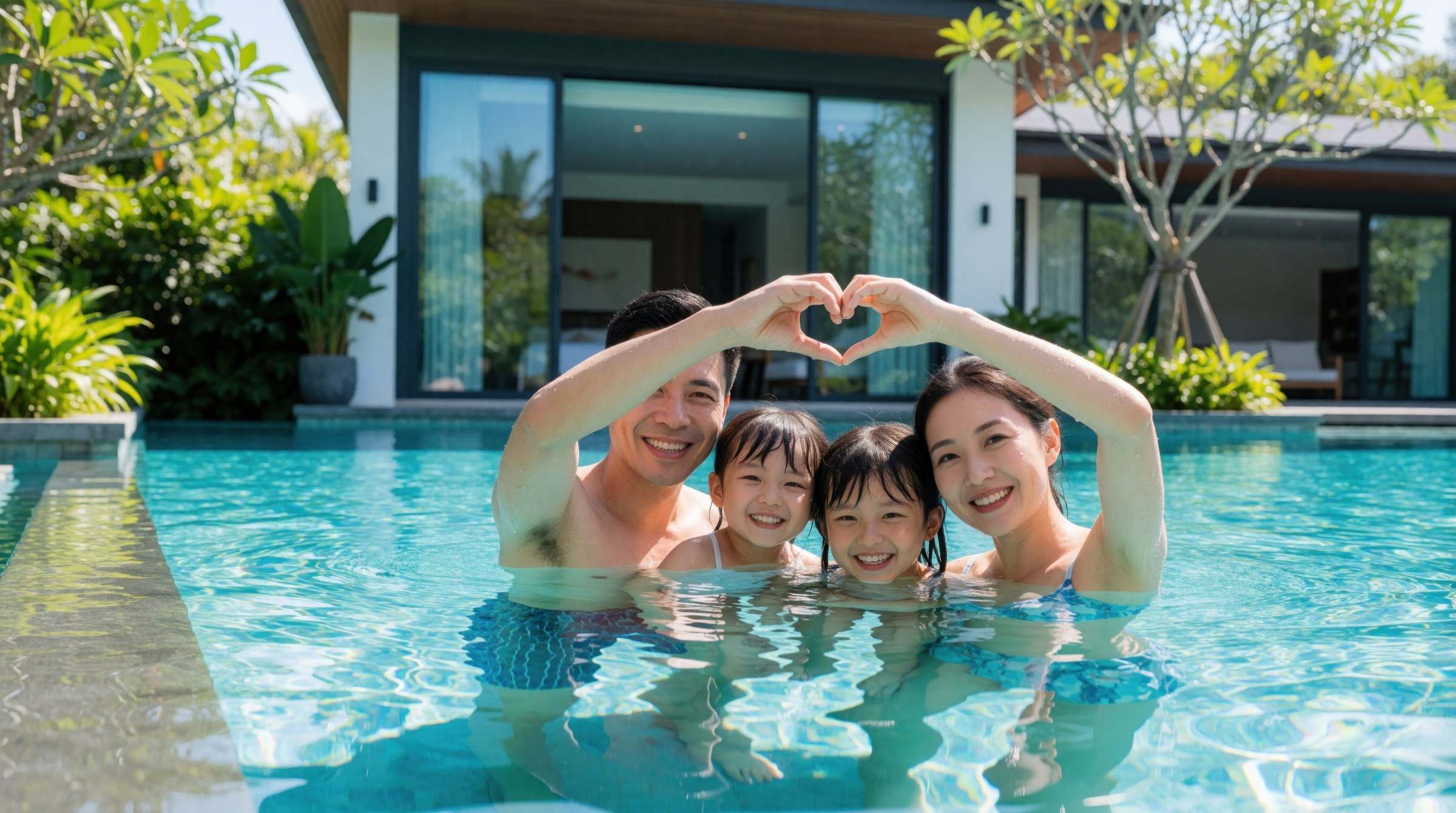 Asian family making a heart with their hands in the pool of their modern home