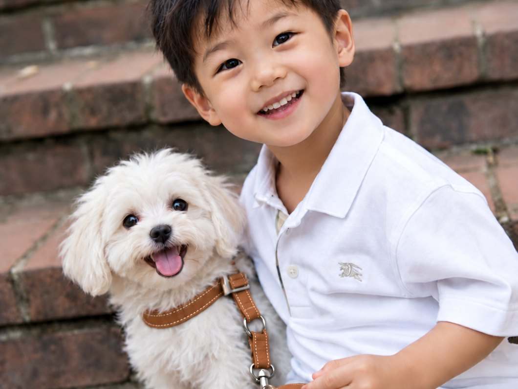 Smiling young boy sitting on brick steps beside a small white dog on a leash